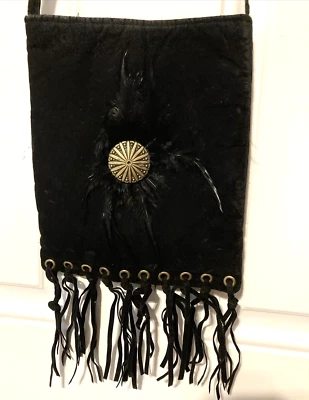 Boho Black Faux Suede Crossbody Purse Fringe Bag Feather Accent Western Festival - Image 1 of 4