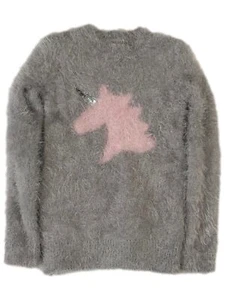 Girls Fuzzy Plush Gray & Pink Sequin Unicorn Sweater - Picture 1 of 2