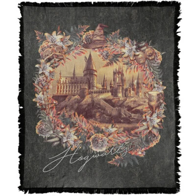 Manta Harry Potter, 50"x60" Líneas Florales Hogwarts Tejido Mezcla Algodón Tiro Foto 1 de 4