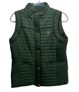 US Polo Assn Quilted Puffer Vest Women M Green Pony Flesh Preppy Gold Snaps Zip - Picture 1 of 11