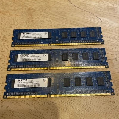 3x Elpida EBJ10UE8BDF0-DJ-F PC3-10600U-9-10-A0 1GB Memory RAM - Image 1 of 4