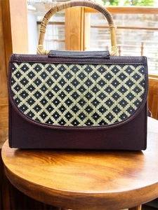 Bamboo Handbag With PU Leather - Top Handle Rattan Woven Bag Handmade Ethnic Dsg - Picture 1 of 4