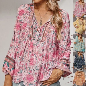 Plus Size Womens Floral Boho Tunic Tops Shirt Long Sleeve Casual Loose Blouse - Picture 1 of 21