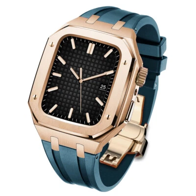 Caja de acero inoxidable correa de goma para Apple Watch correa 9 8 7 6 5 44/45 mm kit mod Foto 1 de 4