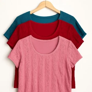 BiyAYCDA Lot of 3 Teal Red Pink Scoop Neck Stretch Feminine Blouse Lace Tops - Picture 1 of 9