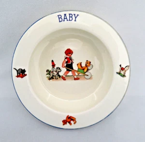 Antique Early 1900s Czech Porcelain Baby Dish Bowl ~ Boy w/ Dog & Toys EXCELLENT - Picture 1 of 8
