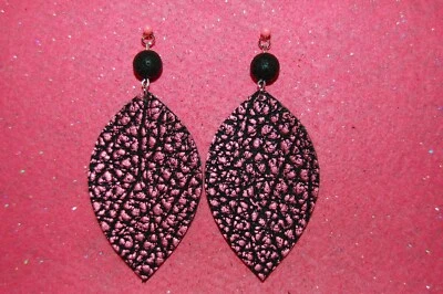 Pink and Black Genuine Leather Leaf Earrings-Crystal Bead-925 Sterling Hooks - Изображение 1 из 4