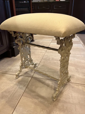 Vintage Vanity Bench Stool Ottoman Padded Upholstery Seat Ornate Wrought Iron Cover