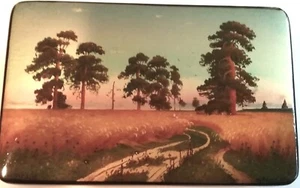 SMALLISH RECTANGULAR Russian Lacquer 4" X 2 1/2"X 1 1/2" WONDERFUL MEADOW/TREES - Picture 1 of 8