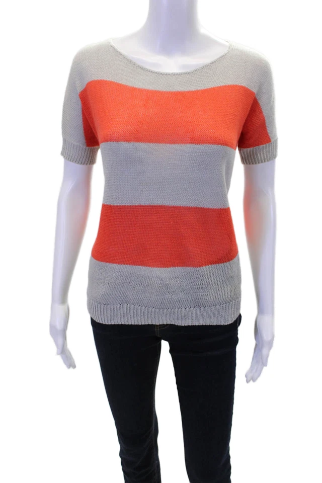 Theory Womens Linen Short Sleeve Round Neck Knitted Striped Sweater Gray Size S - Image 1 of 4