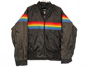 Malibu By Dunmar Vintage Rainbow Stripe Black Windbreaker Jacket Mens Large - Picture 1 of 7