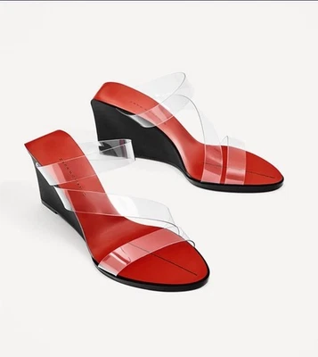Sandalia de tacón de cuña negra roja transparente Zara SS2017 RARA para mujer 40 EE. UU. 9 GUC vintage Foto 1 de 4