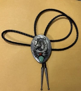 Corbata Bolo Cabeza de Caballo Alemana de Plata Genuina Coral Turquesa - Imagen 1 de 6