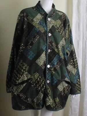 KOOS Of Course Sz 3X Green Asian Patchwork Reversible to Beige Long Jacket Coat - Image 1 of 4