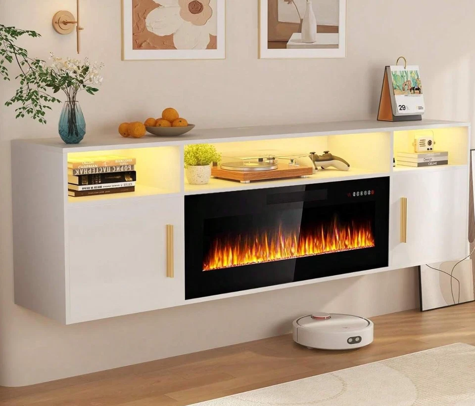  Floating Fireplace TV Stand Wall Mounted Shelf, Modern Wood Media TV Console  - Image 1 of 4