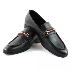 Men's Black Leather Slip On Gold Buckle Dress Shoes Loafers Formal By AZARMAN - Picture 1 of 5