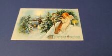 Antique 1909 Christmas Postcard TUCKS Angel Plays Harp Lit Candle Snowy Village
