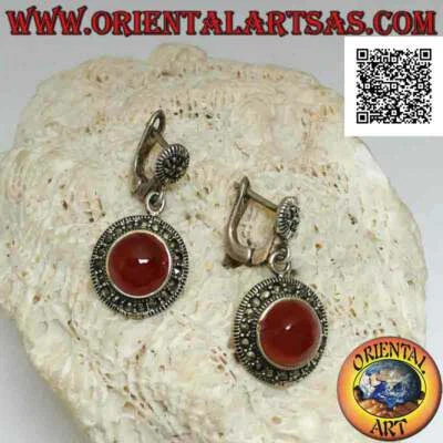 Orecchini in Argento 925‰ corniola tonda cabochon con marcasite (chiusura a leva - Immagine 1 di 4