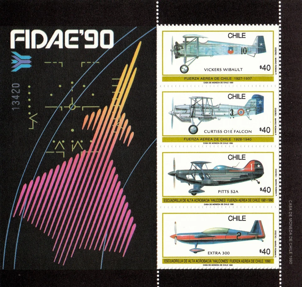 智利,FIDAE 90,飞机,纪念品盾牌,全新邮票,1990 年,47 度封锁- — 第 1/1 张图片