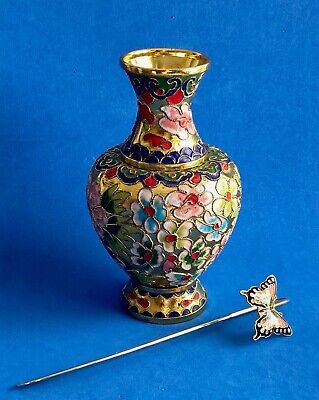 Vintage Lot X 2 Small Chinese Enamel Cloisonne Floral Vase & Butterfly Bookmark • 36.99$