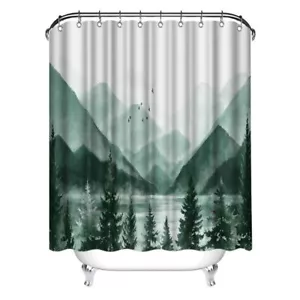 Mountain Landscape Shower Curtain Green Forest Lake Scene Polyester Fabric Ba... - Picture 1 of 5