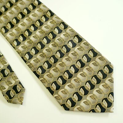 Bergamo New York Beige Green Black Abstract Geometric Print Wide Silk Tie - Image 1 of 4