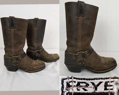 Frye Leather Boots Women's 8.5M Brown Harness Square-Toe Moto Western USA #Z4759 - Image 1 of 4