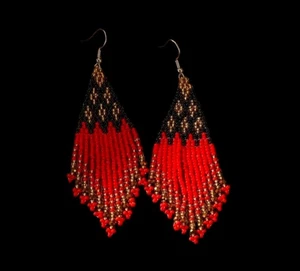 Tribal Earrings Native Large Boho American Seed Beads Handmade Earring - Picture 1 of 2