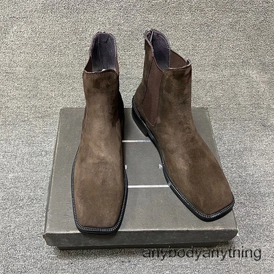 Botines Chelsea estilo italiano británicos para hombre gamuza real cuero punta cuadrada cremallera Foto 1 de 4