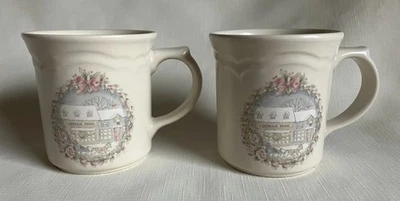 Pair of Pfaltzgraff Holiday Tea Rose 10 oz. Mugs General Store Theme - Image 1 of 4