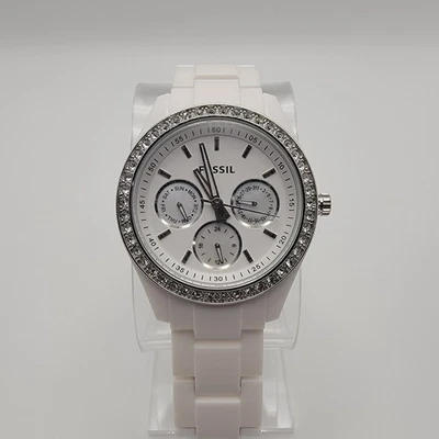 Fossil ES-1967 Womens White Resin Crystal Bezel Chronograph Watch - Image 1 of 4