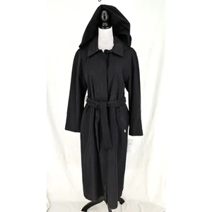 London Fog Trench Coat Petite 10P Black Hooded Water Repellant Belted Rachel New - Picture 1 of 24