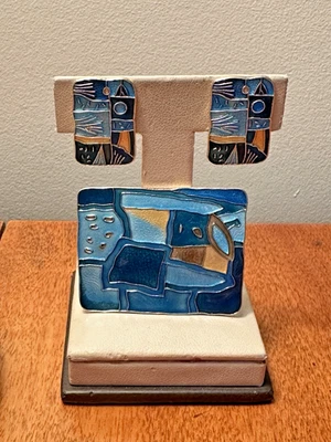 JUEGO DE PENDIENTES BROCHE SERIE ESTACIONES ESTERLINAS DAVID DIFFEREN años 50 escandinavo Foto 1 de 4