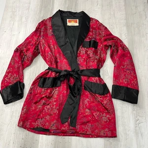 Orientalischer Brokat chinesische Bilder rot schwarz Satin gefüttert Krawatte vorne Lounge Morgenmantel 42 - Bild 1 von 11