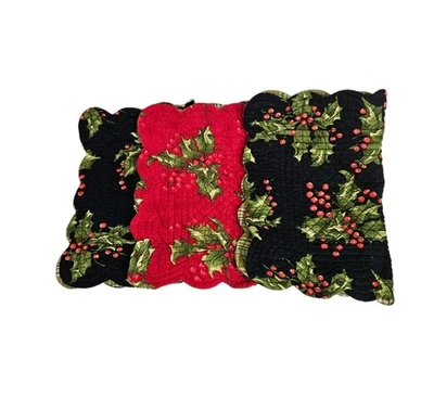 Set Of 3 Holly Berries Ivy Quilted Scalloped Edge 13"x18" Rectangular Placemats - Image 1 of 4