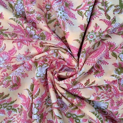 Indian Hand Block Print Cotton Fabric Natural Printed Handmade Floral By Yards - Image 1 of 4