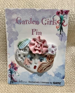 NEW GANZ GARDEN GIRLS signed Ellen Williams ceramic face floral hat pin brooch - Picture 1 of 3