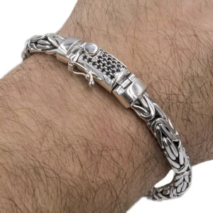 64g 10" 25.5cm black onyx heavy bali woven 925 sterling silver mens bracelet - Picture 1 of 12