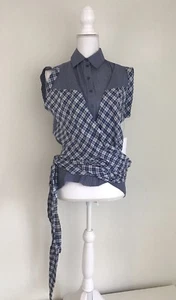 L.A.M.B. Camicia donna blu nuova con etichetta taglia 0 con bottoni avvolgente a quadri - Foto 1 di 9