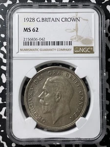 1928 Great Britain 1 Crown NGC MS62 Lot#G8519 Silver! Nice UNC! 9,034 Minted - Picture 1 of 3