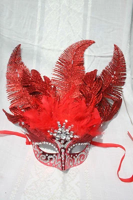 Red & Silver Head Dress Mardi Gras Masks - Handmade - Image 1 of 2