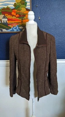 Chaqueta Suéter Worth New York Marrón Tweed Cuello Cremallera Carrera Talla 12 Grande L Foto 1 de 4