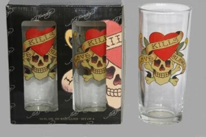 4 Ed Hardy LOVE KILLS SLOWLY Skulls Crossbones Hearts HI-Ball Glasses NIB DISC - Picture 1 of 1