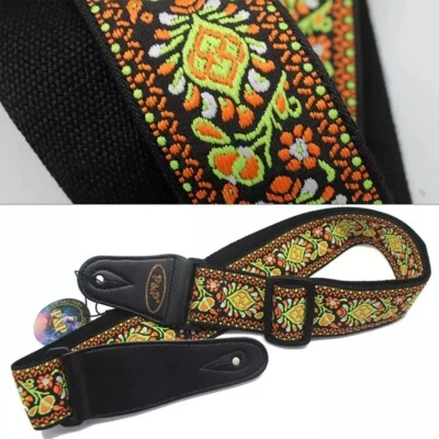 Correa guitarra cuero sintético bordado bohemio en relieve,ajustable,acústica. Foto 1 de 4