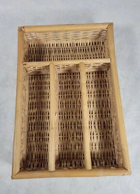 Vintage Wicker Rattan Silverware Tray Divided Basket Organizer Boho Home - Image 1 of 4