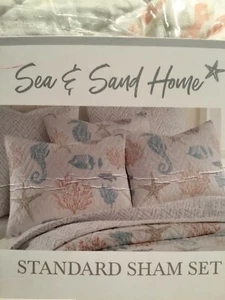 Sea & Sand Pillow Shams Standard 2 PC SET COASTAL Sea Creatures Quilted NEW - Picture 1 of 11