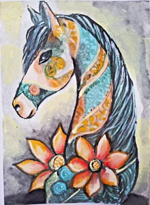ACEO Art Card Horse modern Painting Miniature Ooak Acrylic Original - Picture 1 of 4