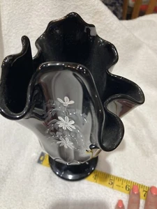 Bush Hill Gallery Needham Mass. Black Handpainted Floral Scalloped pleated Vase - Picture 1 of 12