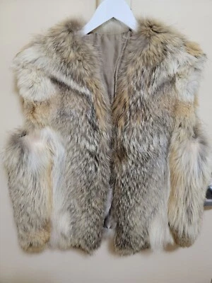 LUXURIOUS PLUSH IVORY MULTI NATURAL COYOTE FUR VEST BOMBER LARGE - Image 1 of 4
