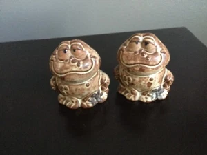 Happy Frog Toad Ceramic Pottery Look Salt and Pepper Shakers VTG - Picture 1 of 1